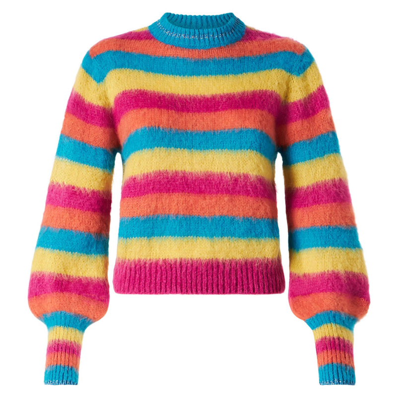 Brushed knit striped sweater with puff sleeves