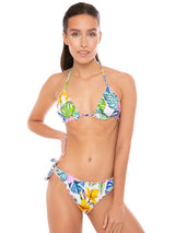 Woman triangle bikini with tropical print