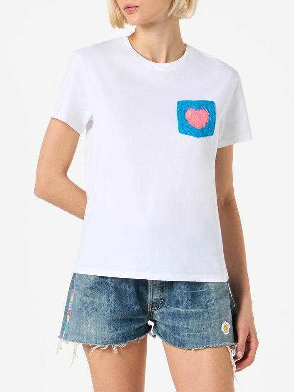 Woman cotton t-shirt with heart crochet pocket