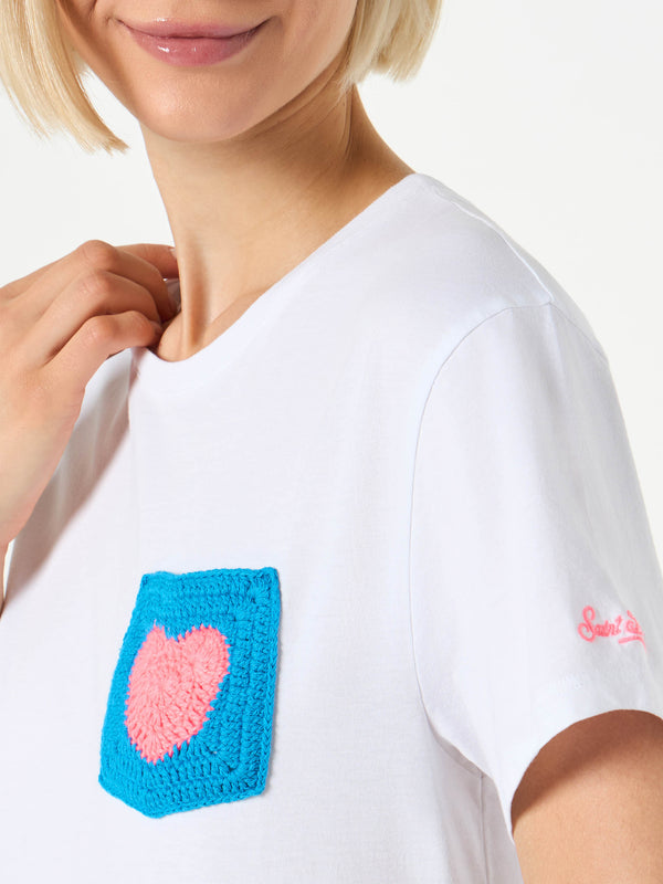 Woman cotton t-shirt with heart crochet pocket