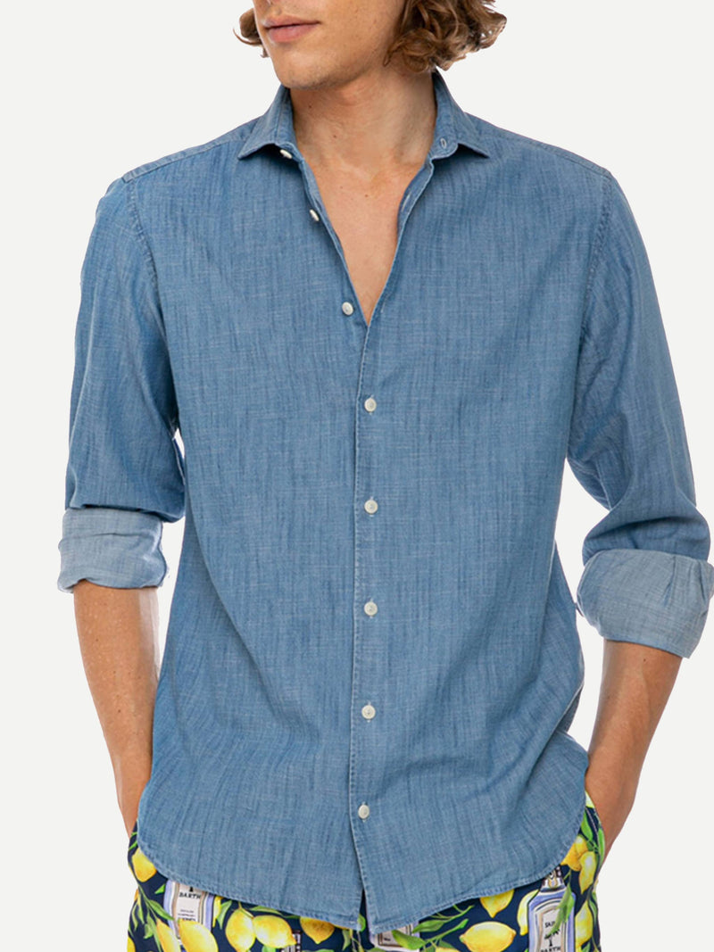 Blaues Pamplona-Hemd aus Denim-Baumwolle für Herren