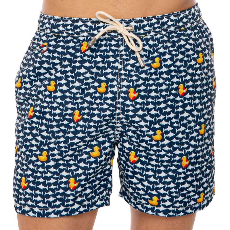 Light fabric man swim shorts duckies and sharks print