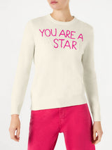 Woman white sweater You are a (Ba)star(d) embroidery