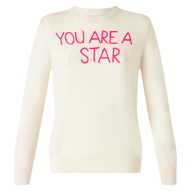 Woman white sweater You are a (Ba)star(d) embroidery