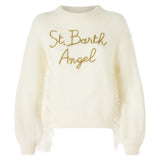 Woman white brushed crewneck sweater with fringes