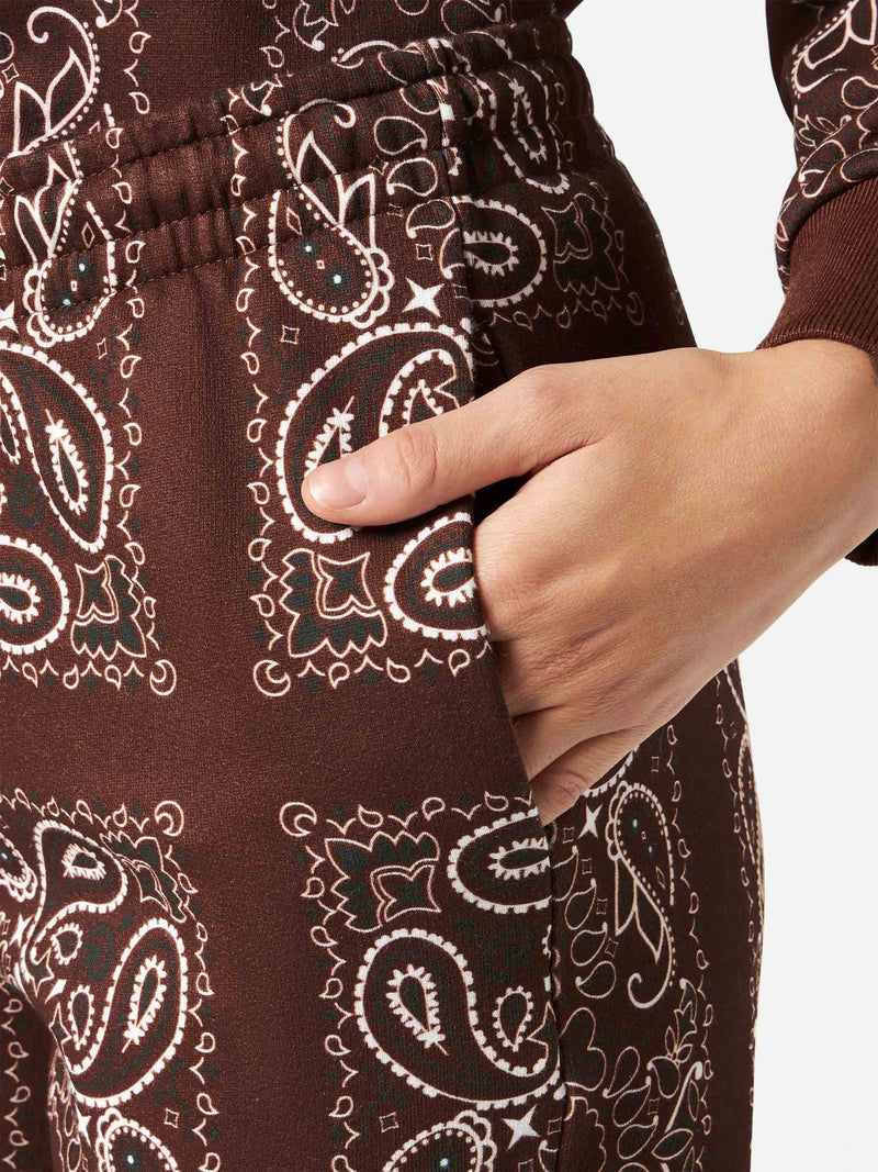 Woman fleece pants with brown bandanna print
