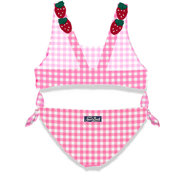 Pink vichy  print  girl bikini with strawberry applied