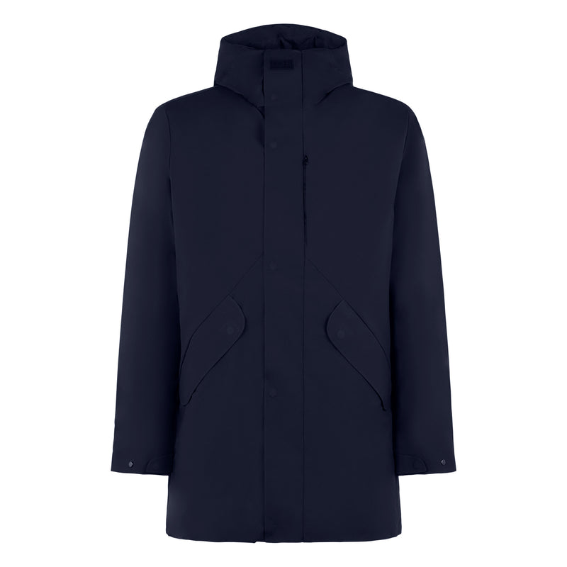 Man hooded blue Voyager parka jacket with sherpa lining
