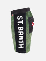 Military green swim shorts with contrast lateral band