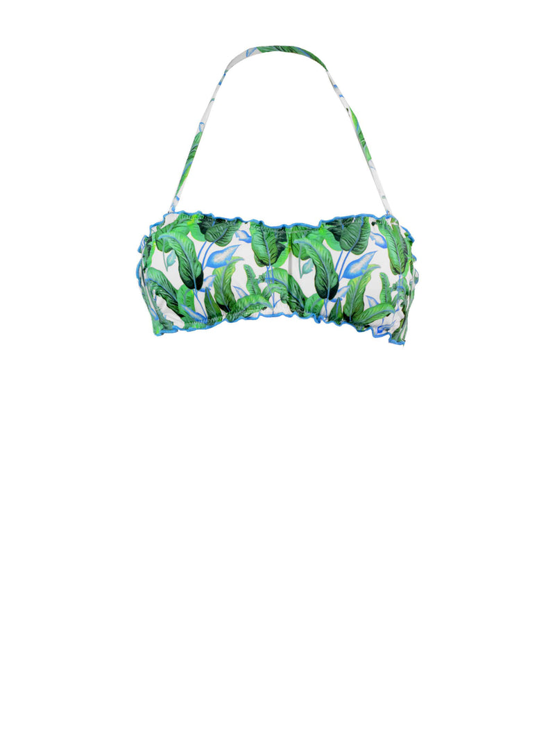 Woman bandeau top swimsuit with tropical print