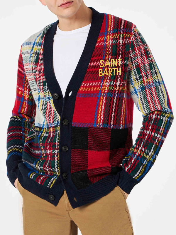 Man tartan knitted cardigan with Saint Barth embroidery