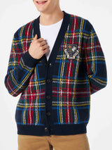 Man tartan knitted cardigan with patch