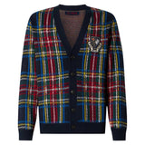 Man tartan knitted cardigan with patch