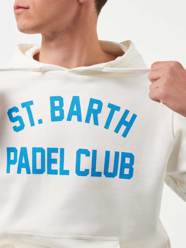 Man cotton hooded white sweatshirt with bluette St. Barth Padel Club print