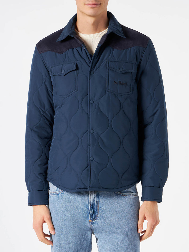 Man navy blue padded overshirt with patch pockets