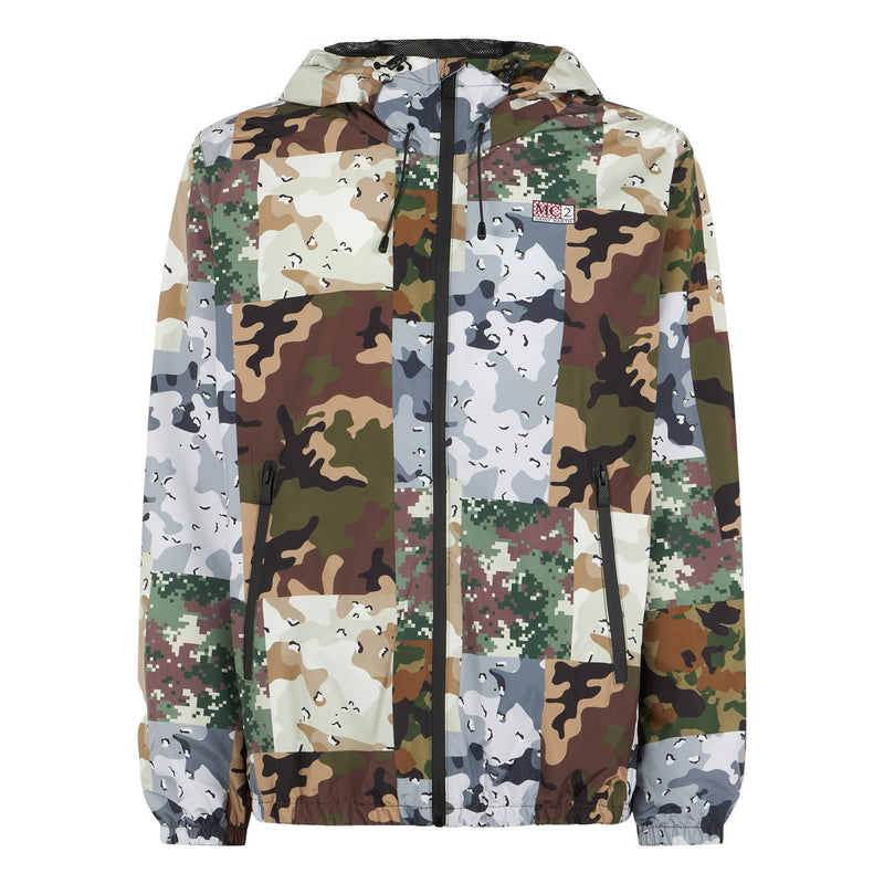 Man hooded lightweight windbreaker with camouflage print