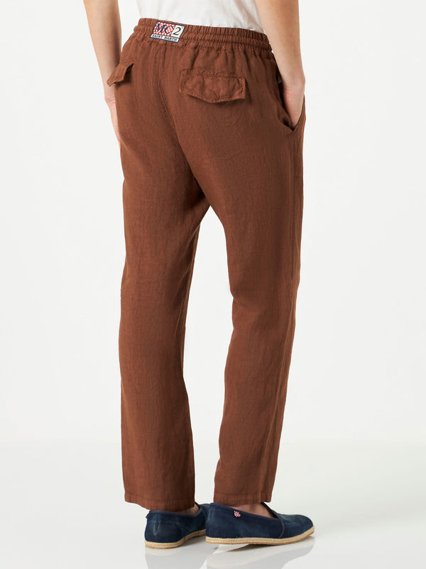 Pantalone da uomo in lino marrone
