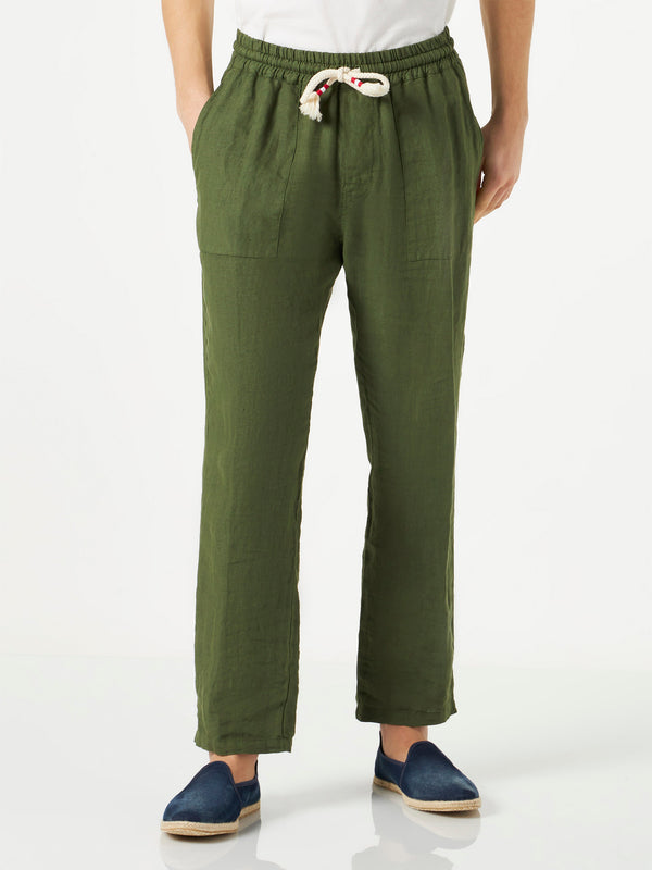 Pantalone da uomo in lino verde militare