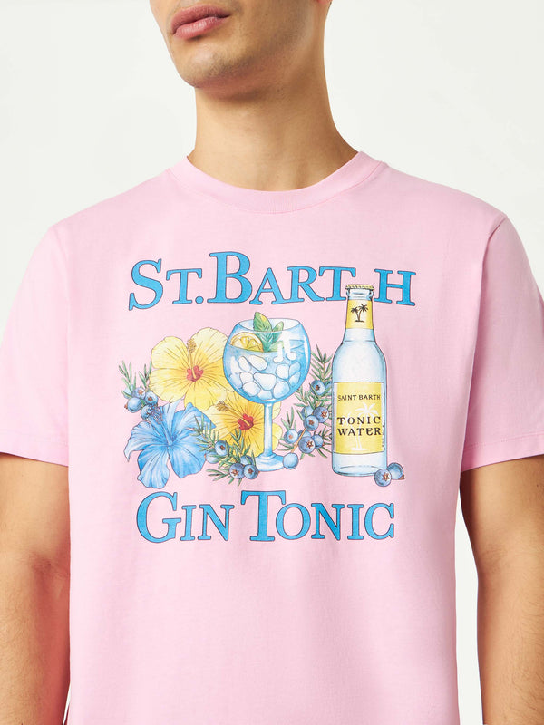 Man cotton t-shirt with Gin and flower print