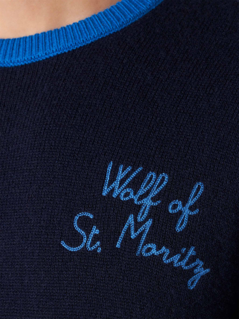 Man navy blue sweater with Wolf of St. Moritz embroidery