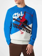 Man bluette and white sweater with Courmayeur Postcard