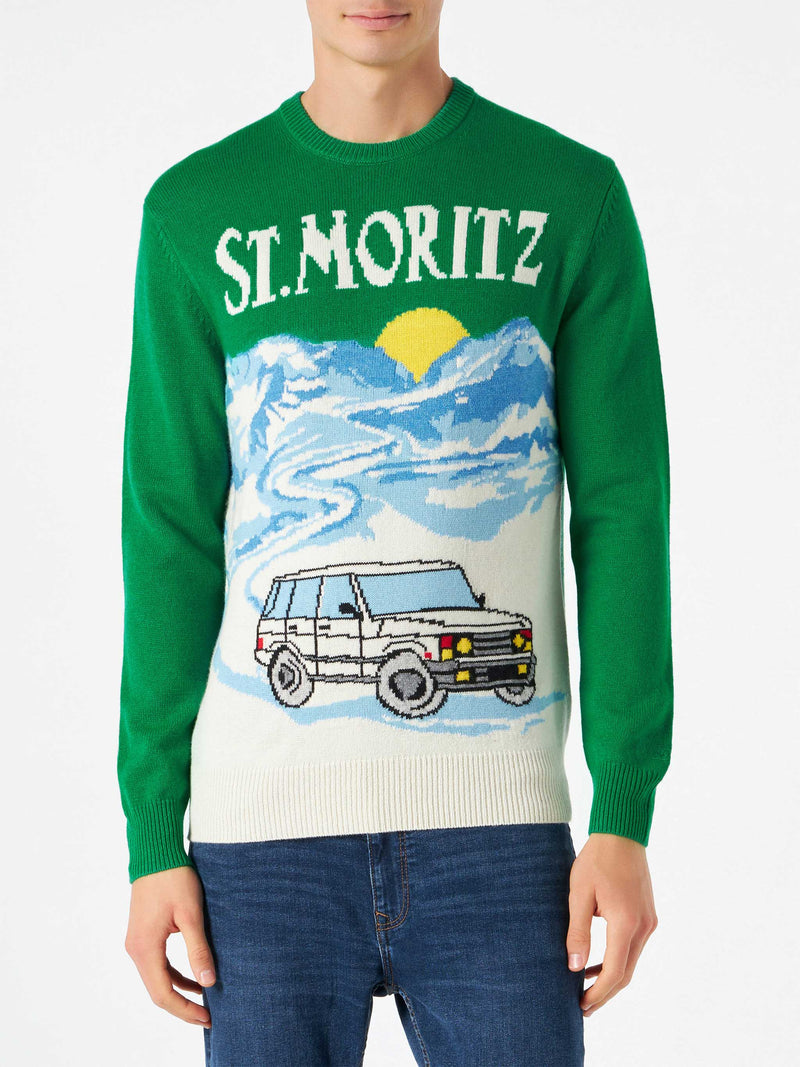 Man green sweater with St.Moritz postcard print
