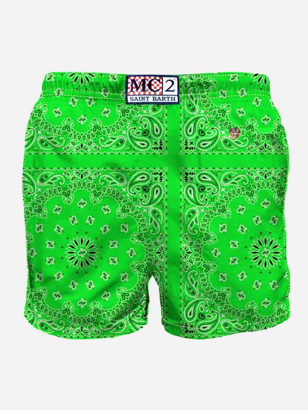 Man swim shorts with green bandanna print