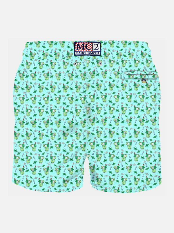 Man light fabric swim shorts with Mojito print