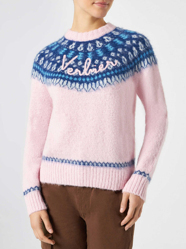 Woman pink crewneck nordic jacquard sweater