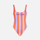 Woman orange and lilac striped one piece swimsuit