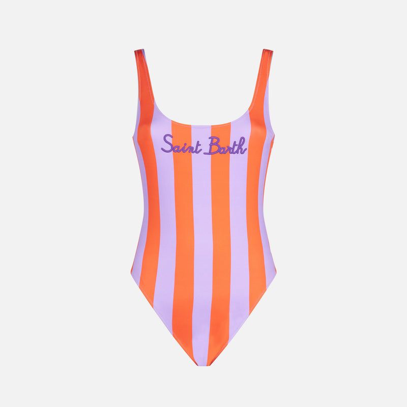 Woman orange and lilac striped one piece swimsuit