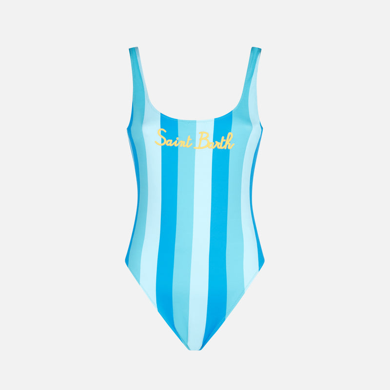 Einteiliger Damen-Badeanzug mit hellblauem und blauem Streifenmuster