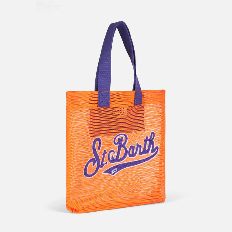 Mesh orange shopper bag with front terry embroidery