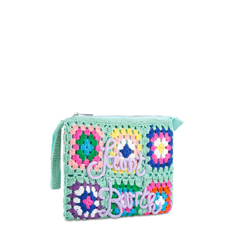 Parisienne water green crochet pochette with Saint Barth embroidery