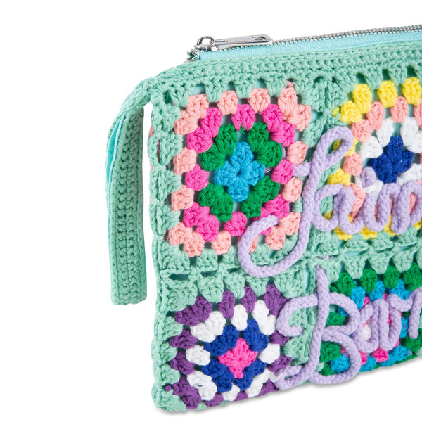 Parisienne water green crochet pochette with Saint Barth embroidery