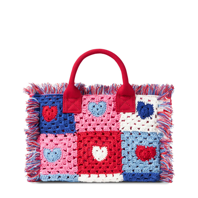 Colette handbag with crochet heart patches