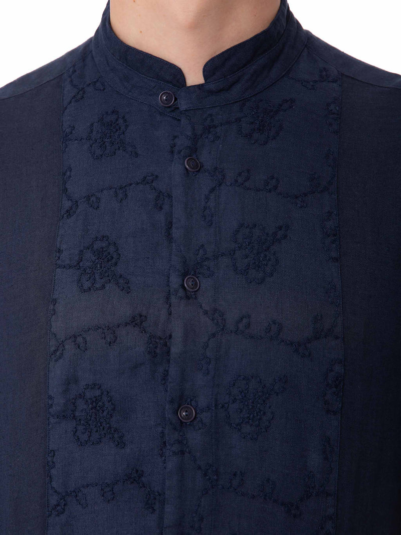 Man blue linen shirt with flower embroidery