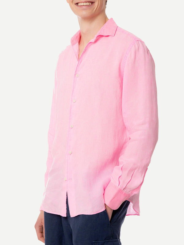 Camicia da uomo Pamplona in lino rosa fluo color acqua