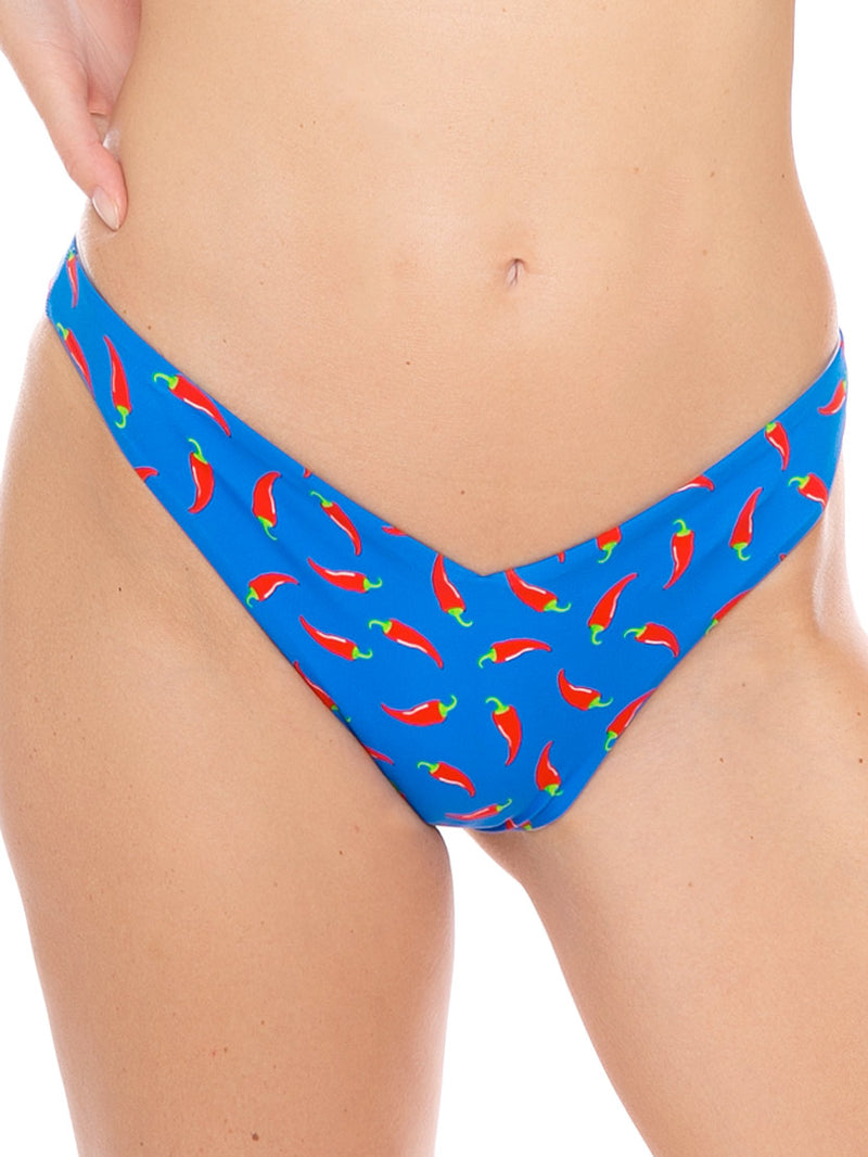 Woman cheeky swim briefs with chili peppers print