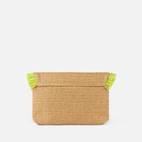 Straw pochette with fringes and front embroidery