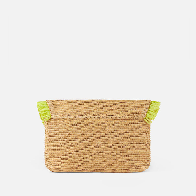 Straw pochette with fringes and front embroidery