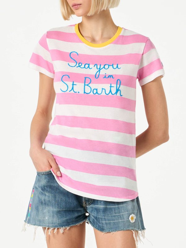 T-shirt da donna in cotone con ricamo Sea you in St. Barth