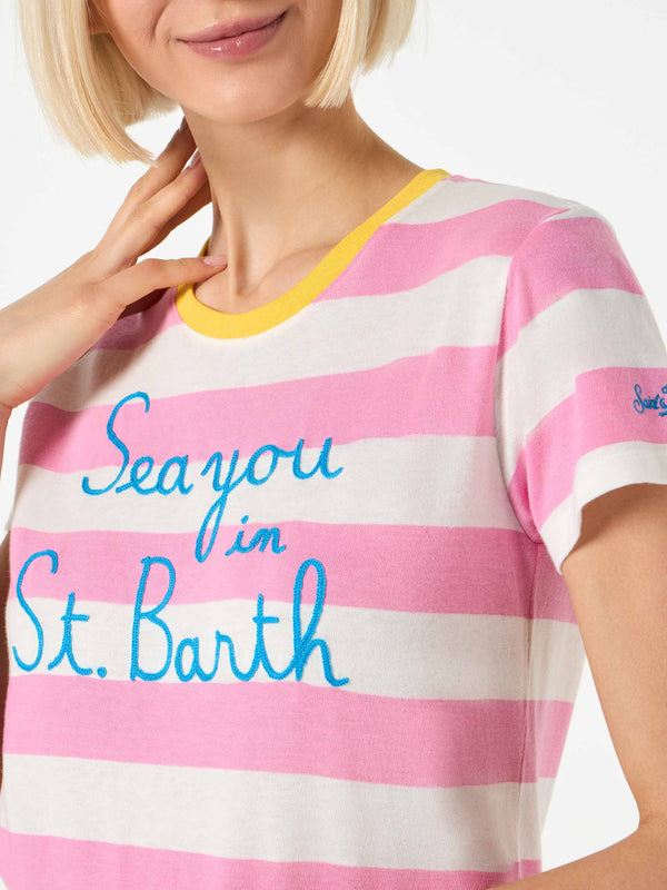 T-shirt da donna in cotone con ricamo Sea you in St. Barth