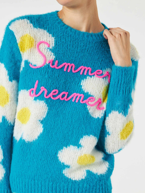 Woman brushed sweater with daisies and Summer dreamer embroidery