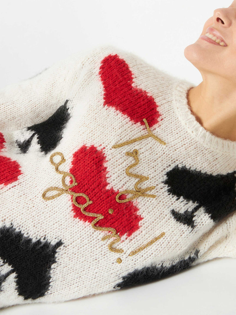 Woman brushed sweater with spades and hearts embroidery