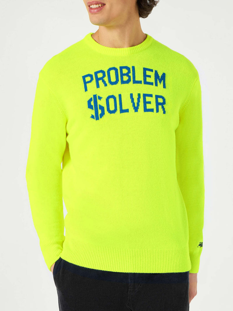 Man fluo yellow sweater with Problem $olver print