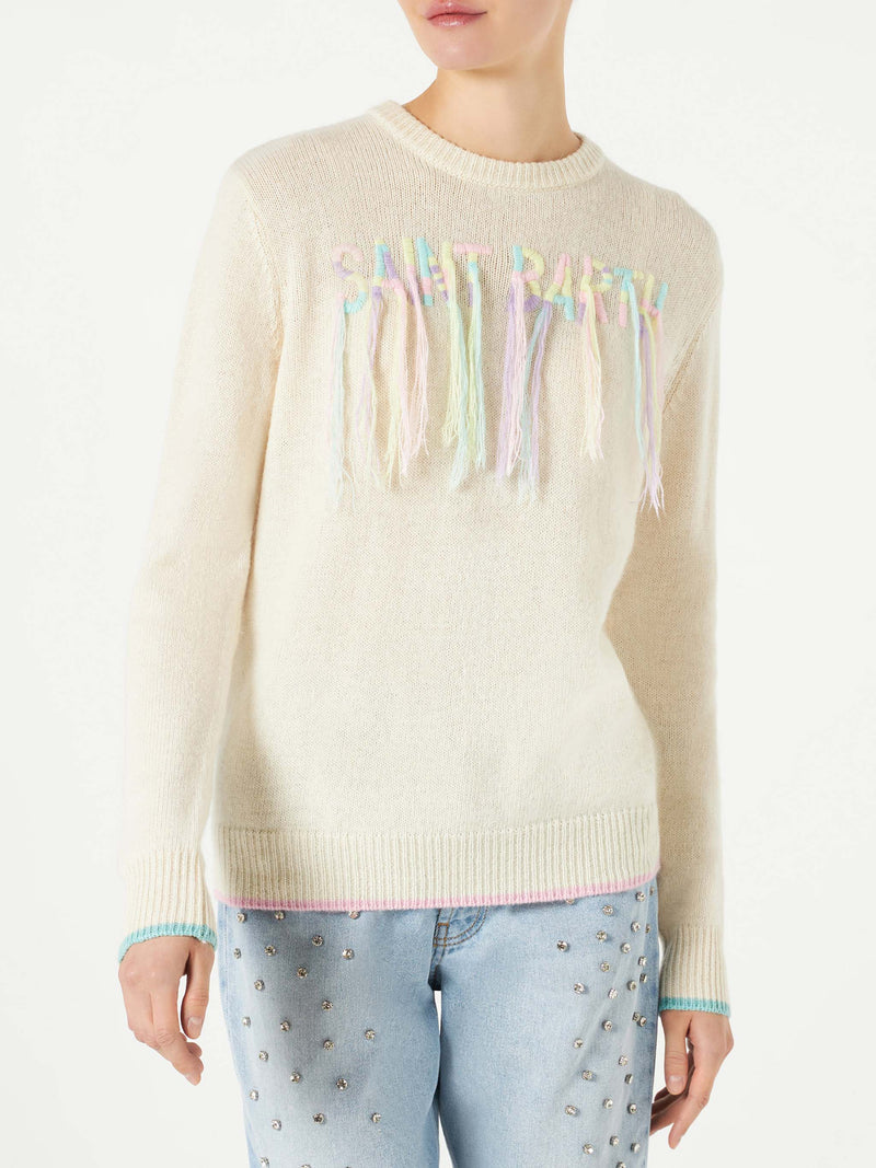 Woman brushed sweater with Saint Barth fringed embroidery
