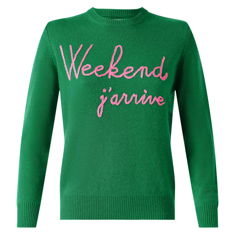 Green sweater Weekend j'arrive fluo pink embroidery