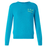 Woman light blue brushed sweater with embroidery