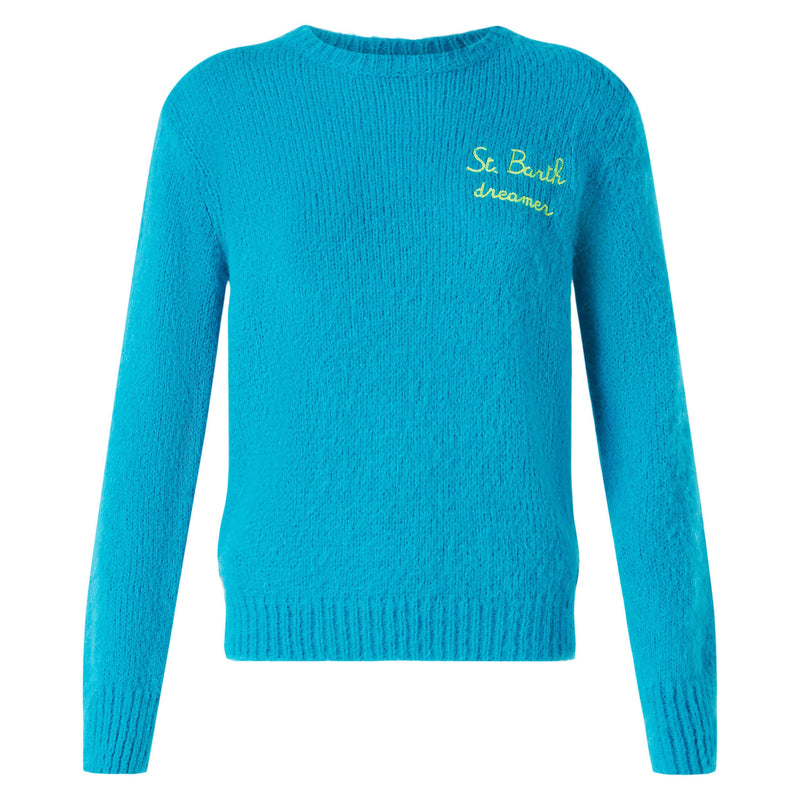 Woman light blue brushed sweater with embroidery